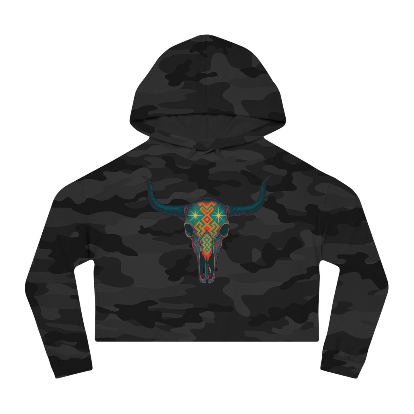 Black Camo hoodie with a colorful bull skull design #blackcamo