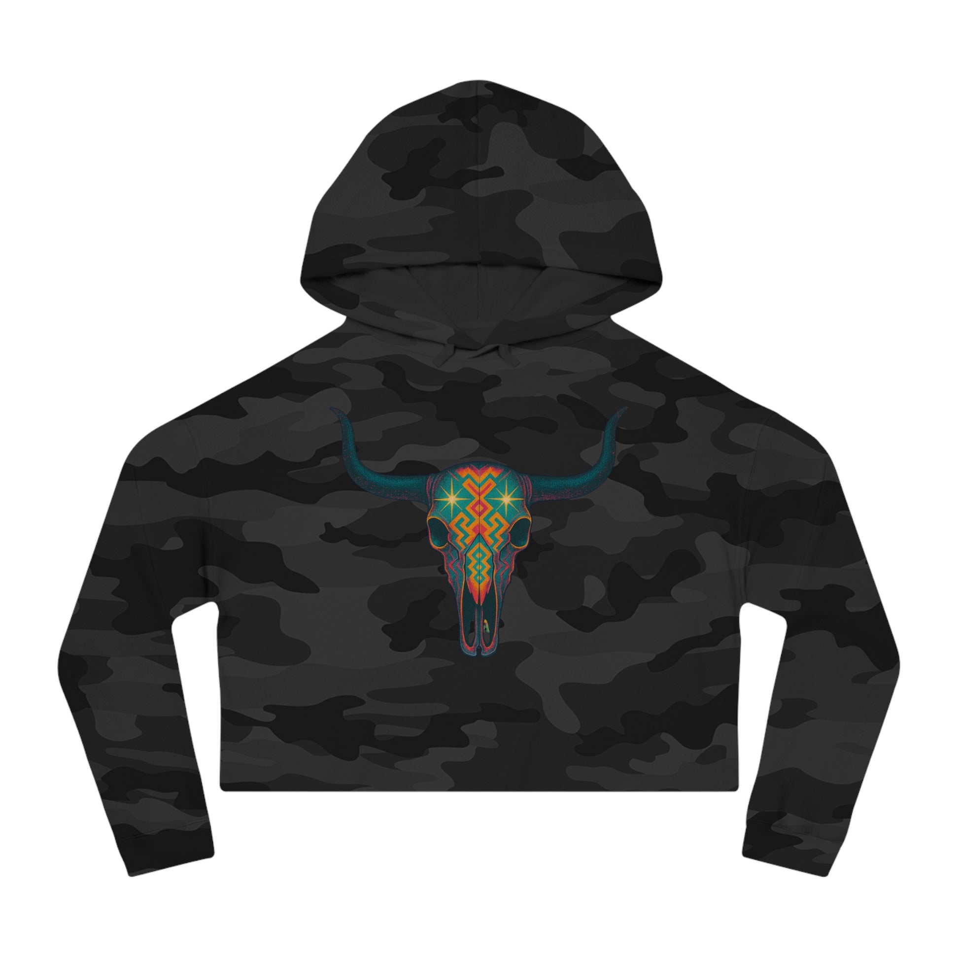 Black Camo hoodie with a colorful bull skull design #blackcamo
