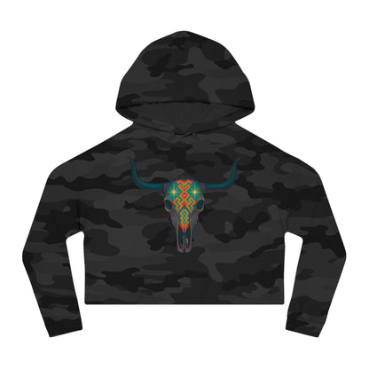 Black Camo hoodie with a colorful bull skull design #blackcamo
