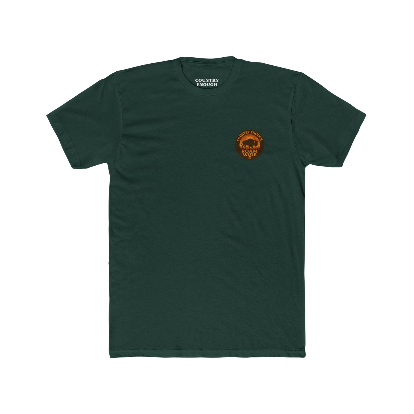 Forest Green t-shirt with circular graphic with a bison, mountains, campfire, sun shining, and the words roam wide #forestgreen