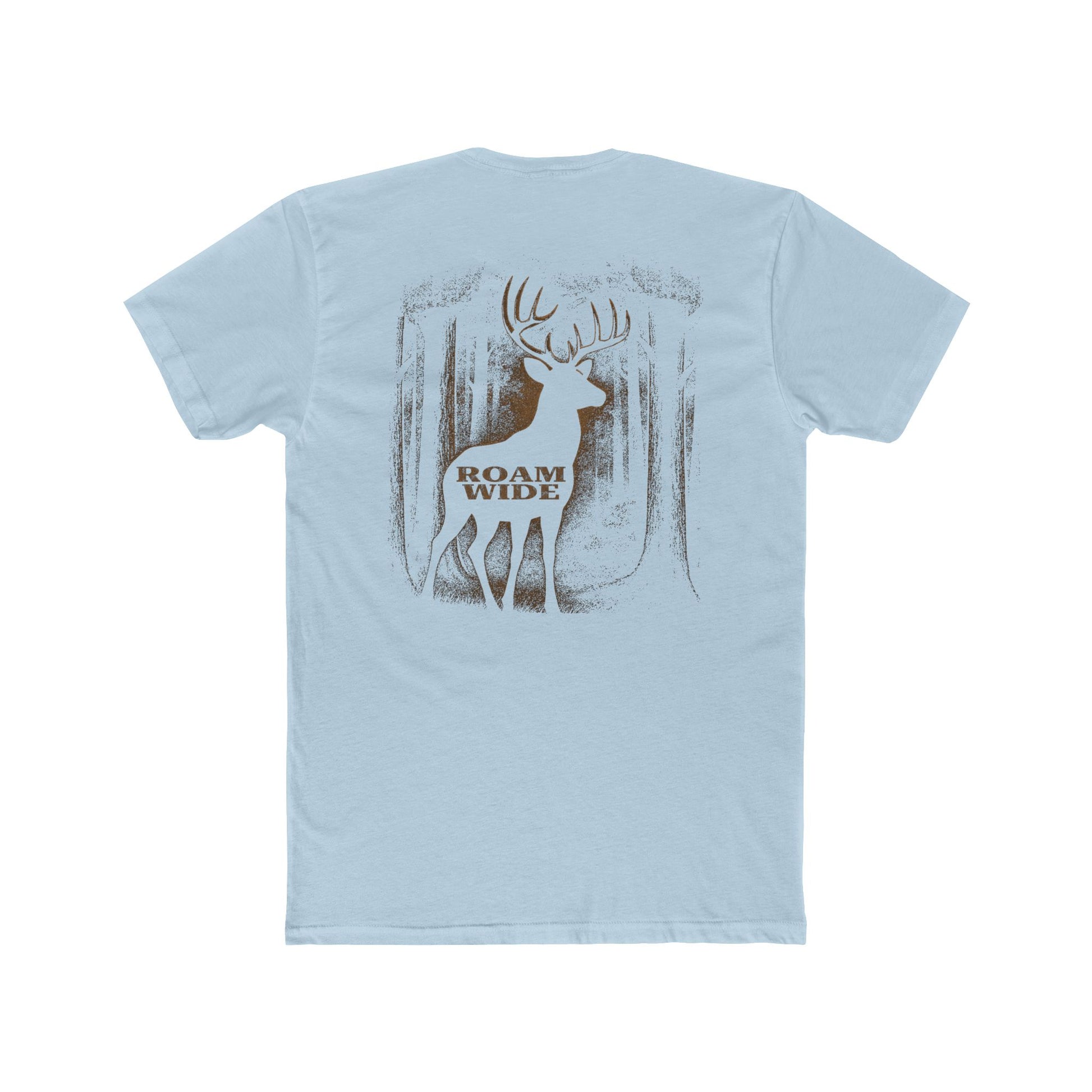Light Blue t-shirt with graphic design of a buck in the woods and words roam wide #lightblue