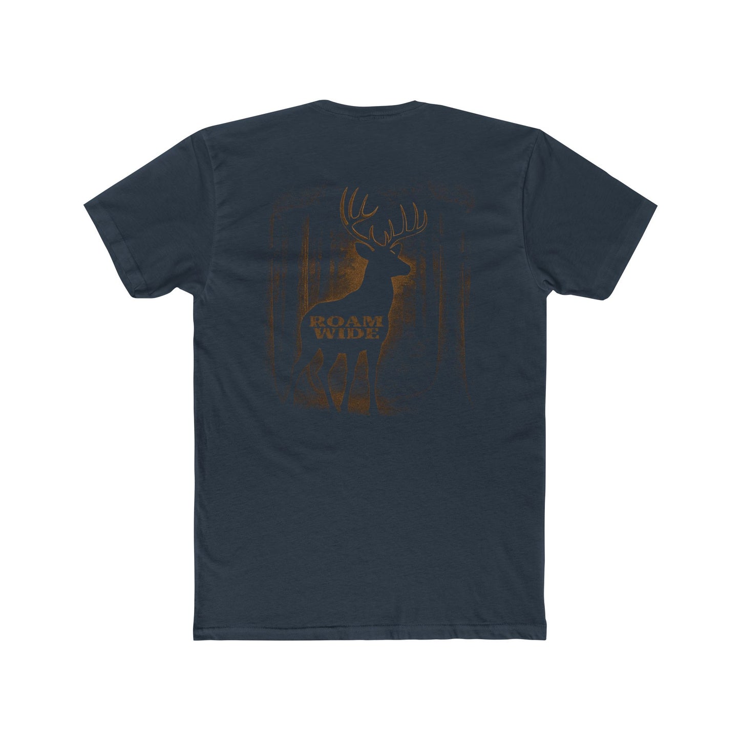 Indigo t-shirt with graphic design of a buck in the woods and words roam wide #indigo