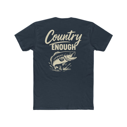 Indigo t-shirt with graphic of a leaping bass and the words country enough #indigo