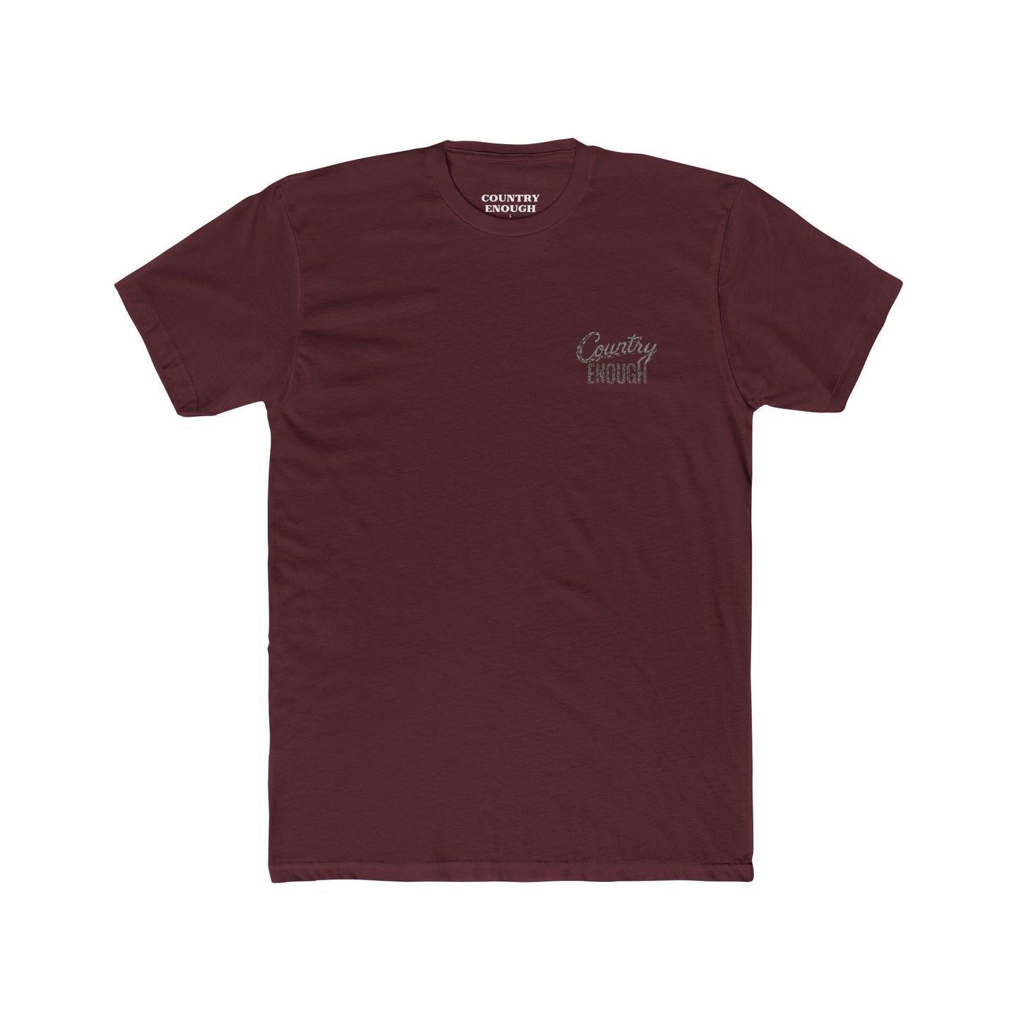 Maroon t-shirt with graphic of the words country enough shaped with fish #maroon