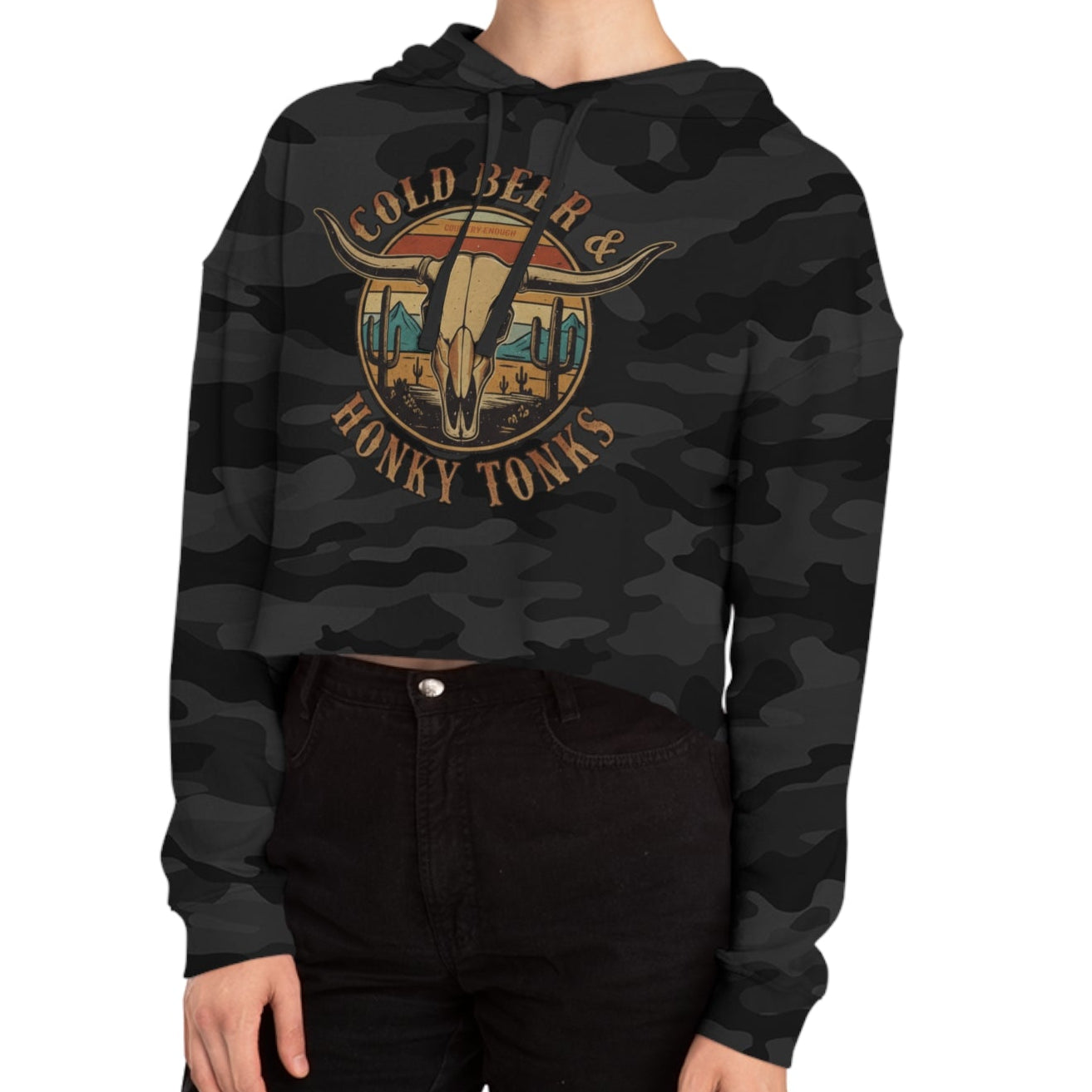 Black Camo crop hoodie with graphic of longhorn, cacti, and mountains over a retro background with words cold beer and honky tonks #blackcamo