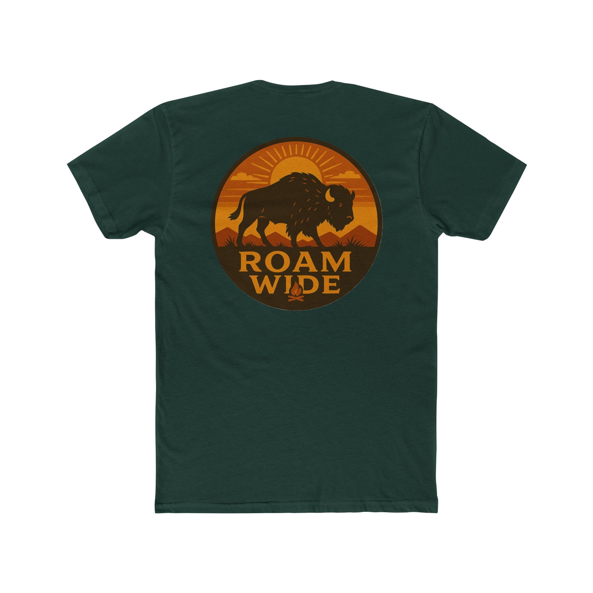 Forest Green t-shirt with circular graphic with a bison, mountains, campfire, sun shining, and the words roam wide #forestgreen