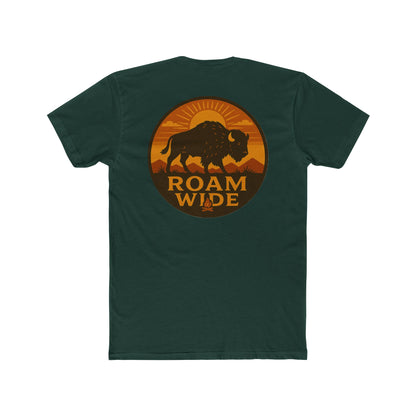 Forest Green t-shirt with circular graphic with a bison, mountains, campfire, sun shining, and the words roam wide #forestgreen