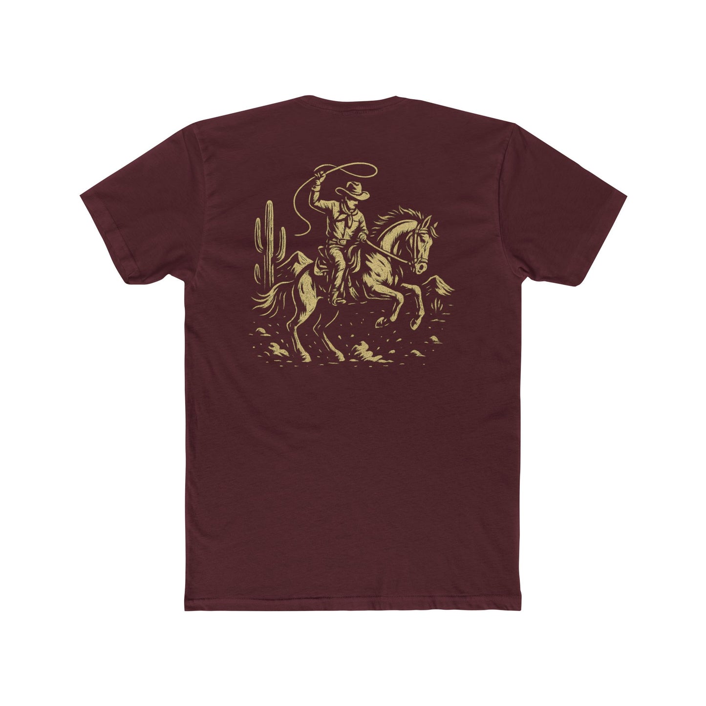Maroon t-shirt with graphic of monochrome horse rider, lasso, and western landscape #maroon