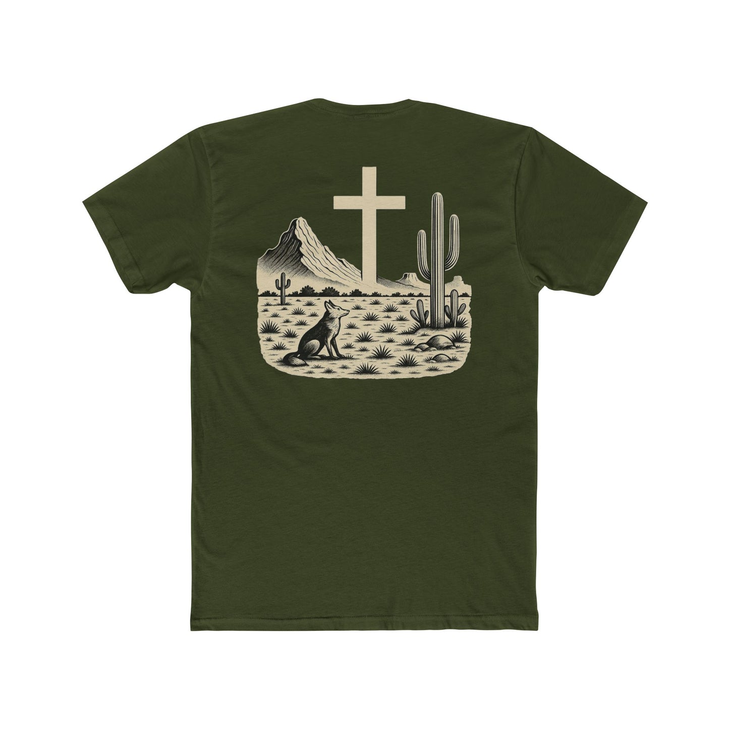 Military Green t-shirt with western landscape, cacti, wolf, mountains, and cross centerpiece #militarygreen