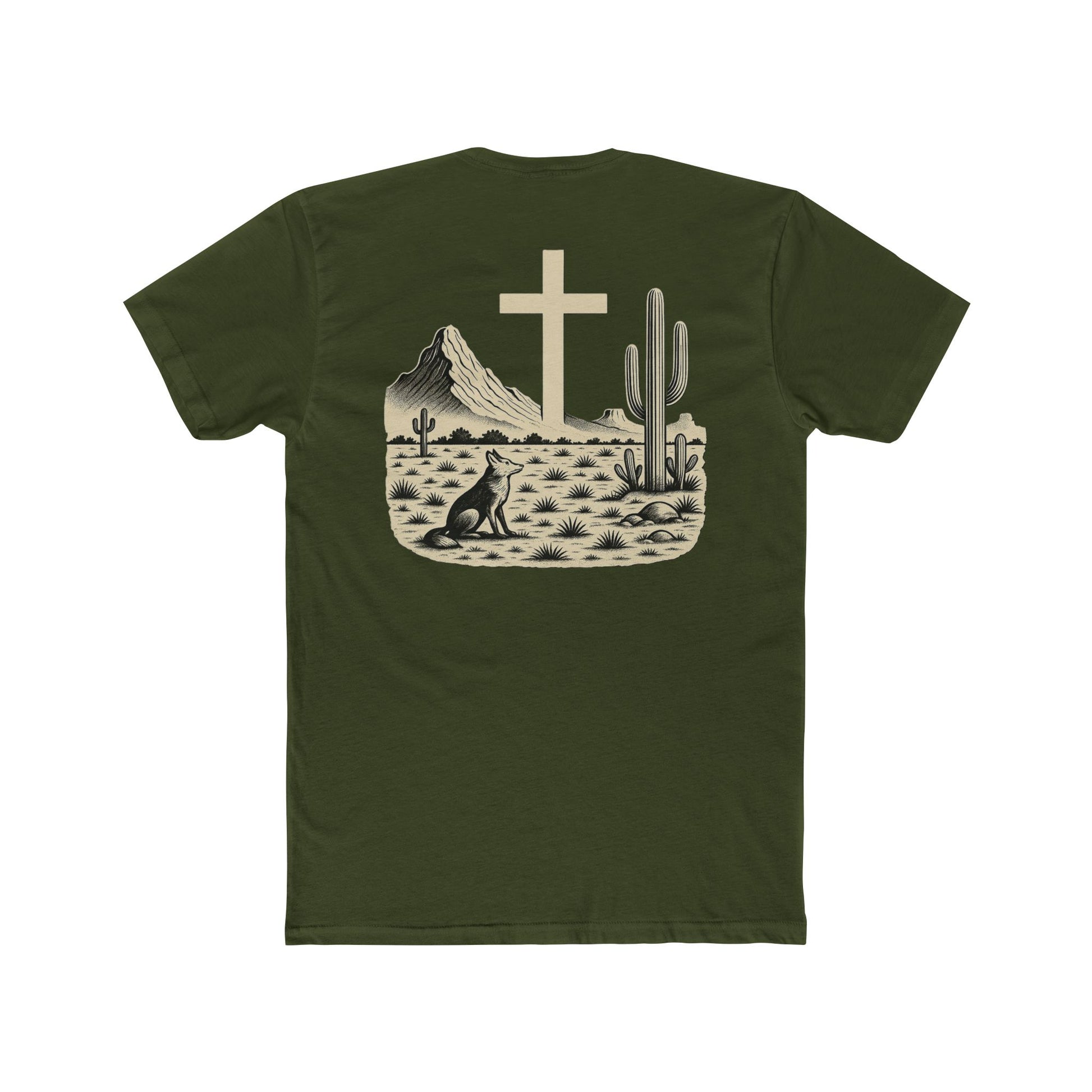 Military Green t-shirt with western landscape, cacti, wolf, mountains, and cross centerpiece #militarygreen