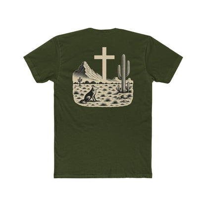 Military Green t-shirt with western landscape, cacti, wolf, mountains, and cross centerpiece #militarygreen