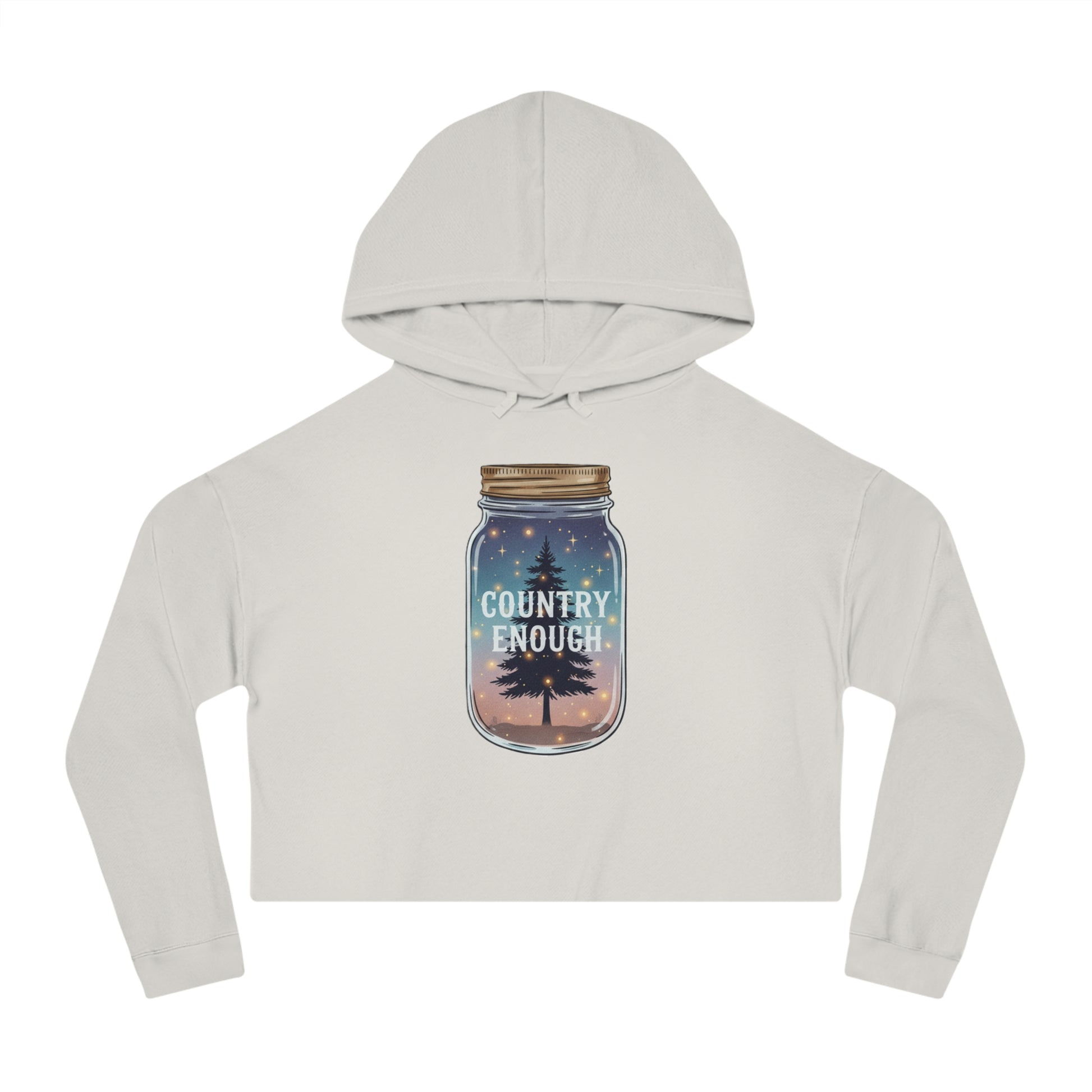 Bone crop hoodie with mason jar, pine trees, and stars graphic #bone
