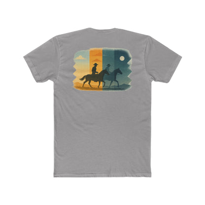 Gray t-shirt with graphic of cowboy riding through a desert landscape at different times of the day #gray