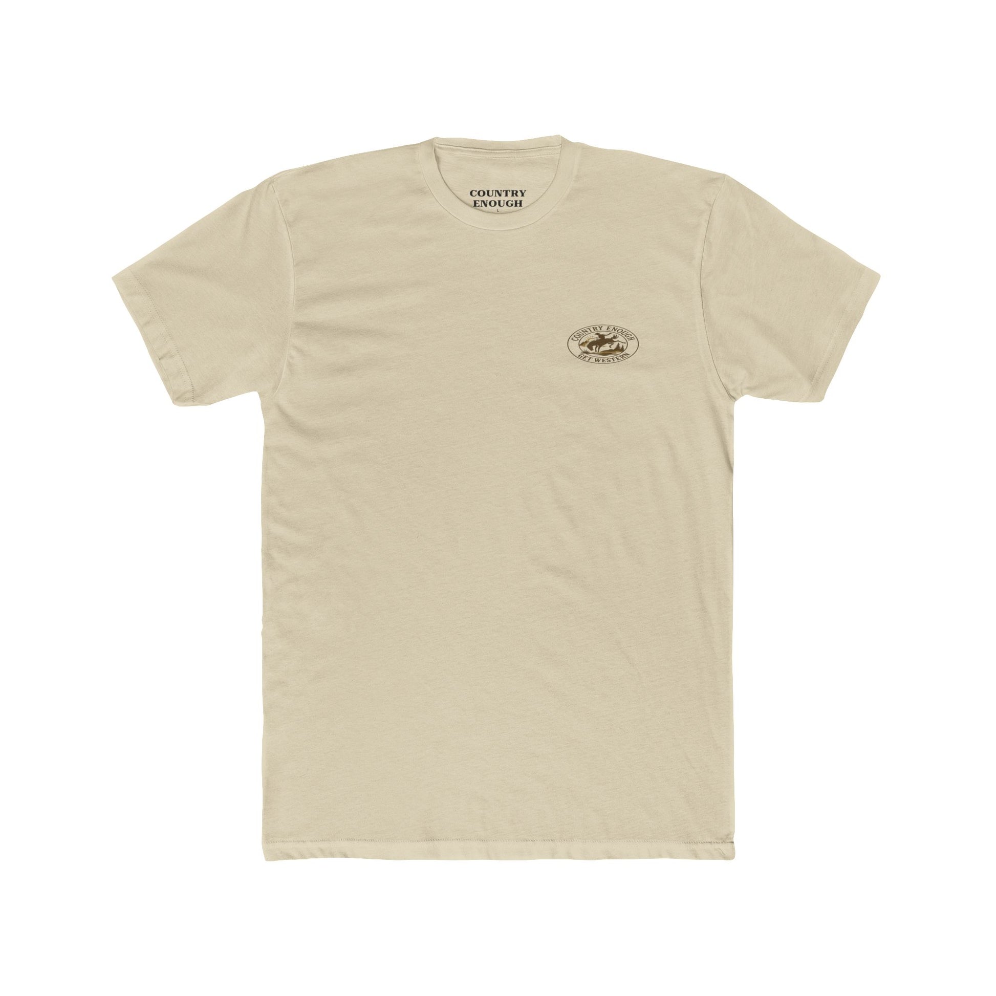 Cream t-shirt with a graphic of a cowboy on a horse and 'Get Western' text #cream