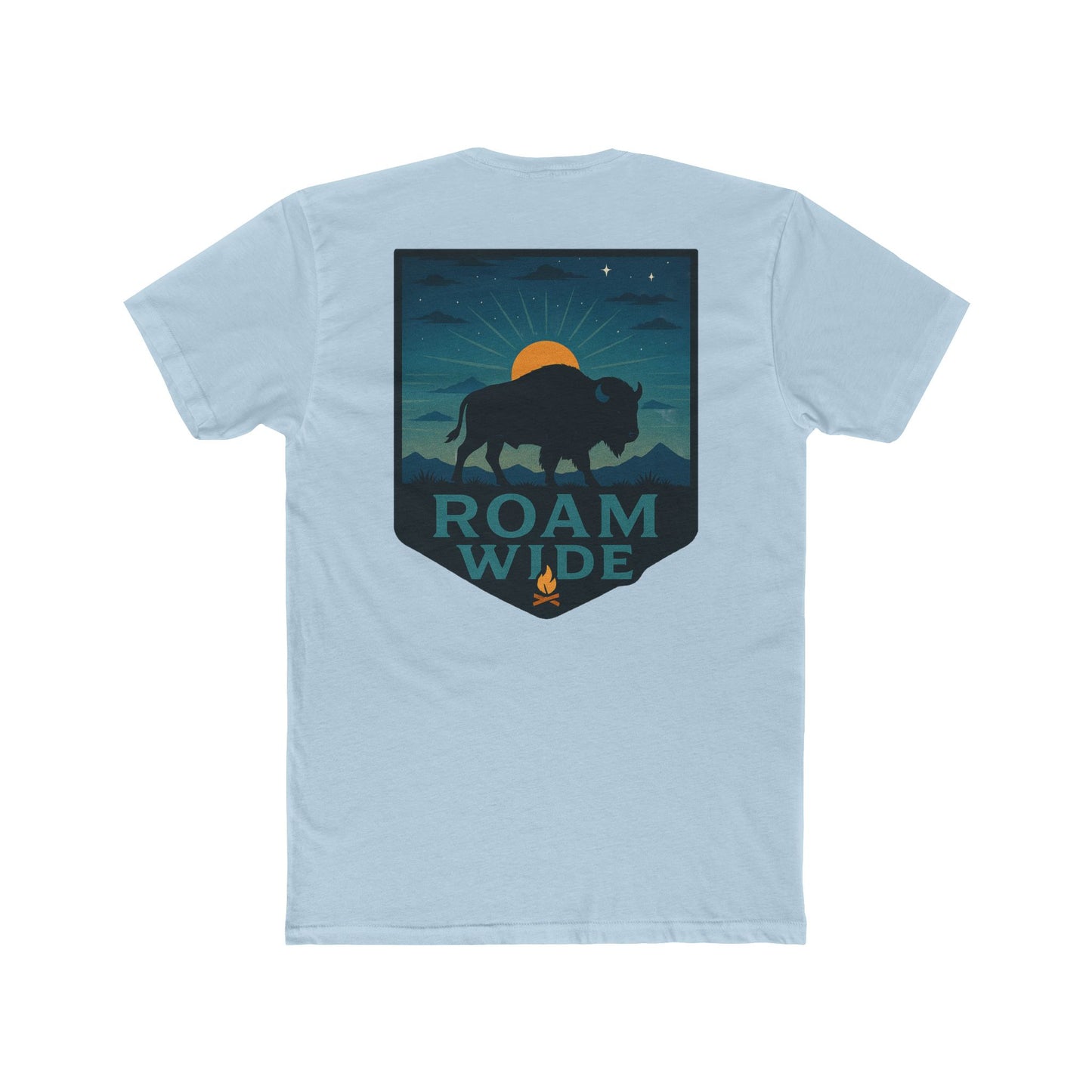 Light Blue T-Shirt with graphic of bison, sun, mountains, and the words roam wide #lightblue