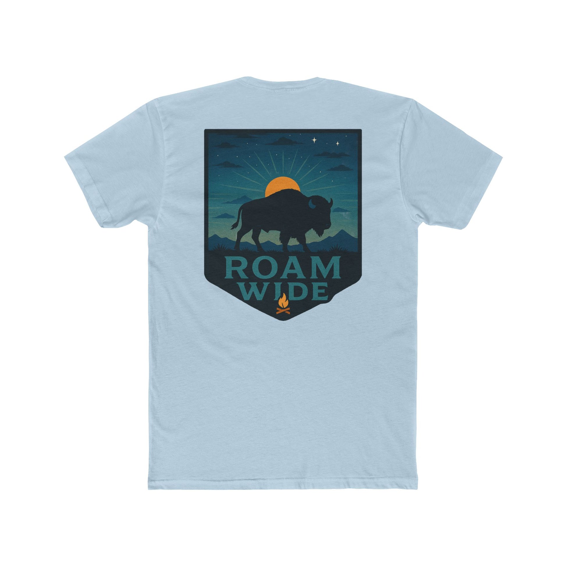 Light Blue T-Shirt with graphic of bison, sun, mountains, and the words roam wide #lightblue