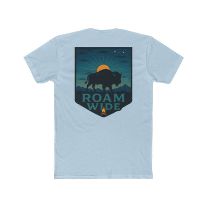 Light Blue T-Shirt with graphic of bison, sun, mountains, and the words roam wide #lightblue