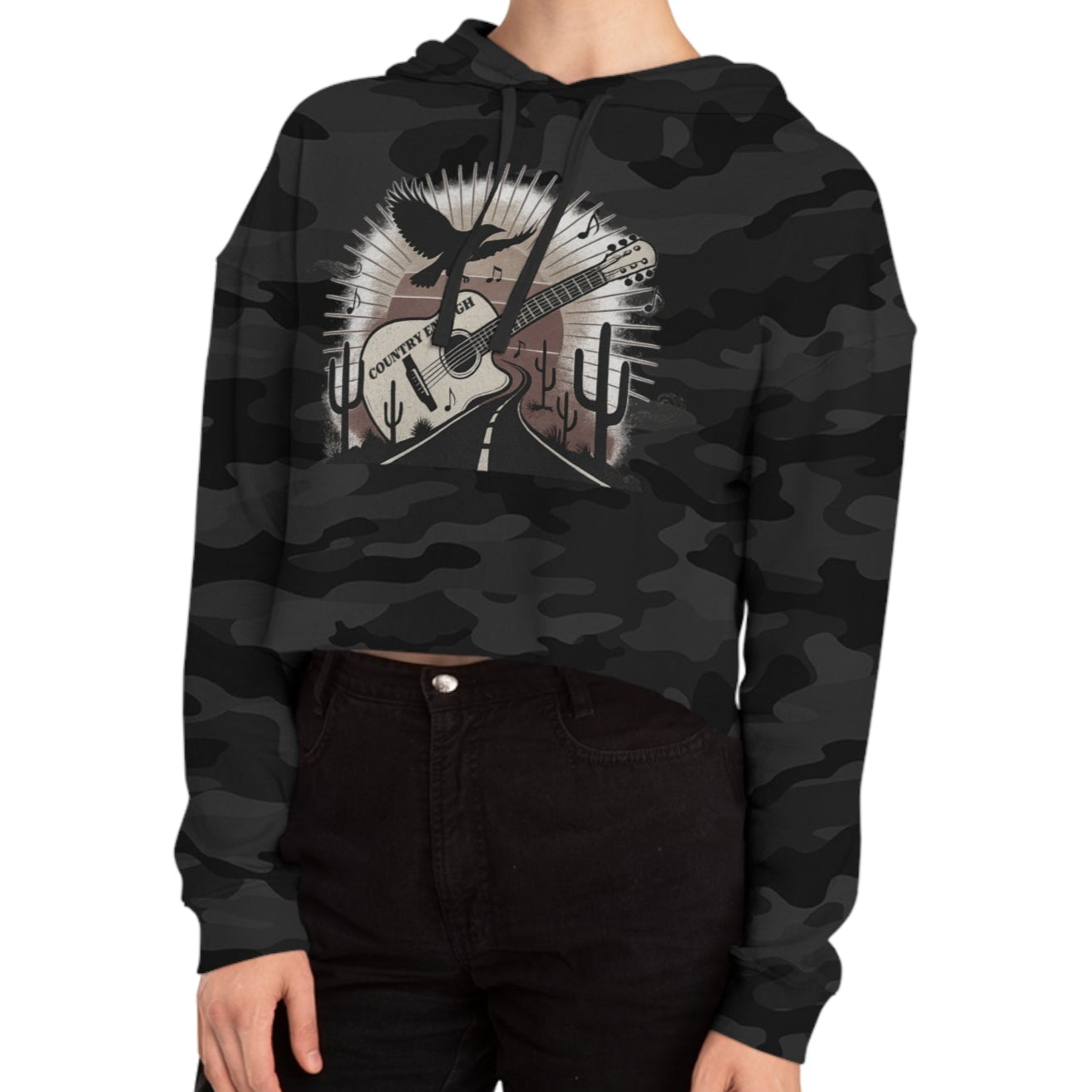 Black Camo crop hoodie with a graphic of a guitar, a soaring desert bird, cactus silhouettes, and a sunset over a winding road #blackcamo