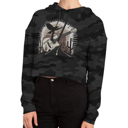 Black Camo crop hoodie with a graphic of a guitar, a soaring desert bird, cactus silhouettes, and a sunset over a winding road #blackcamo
