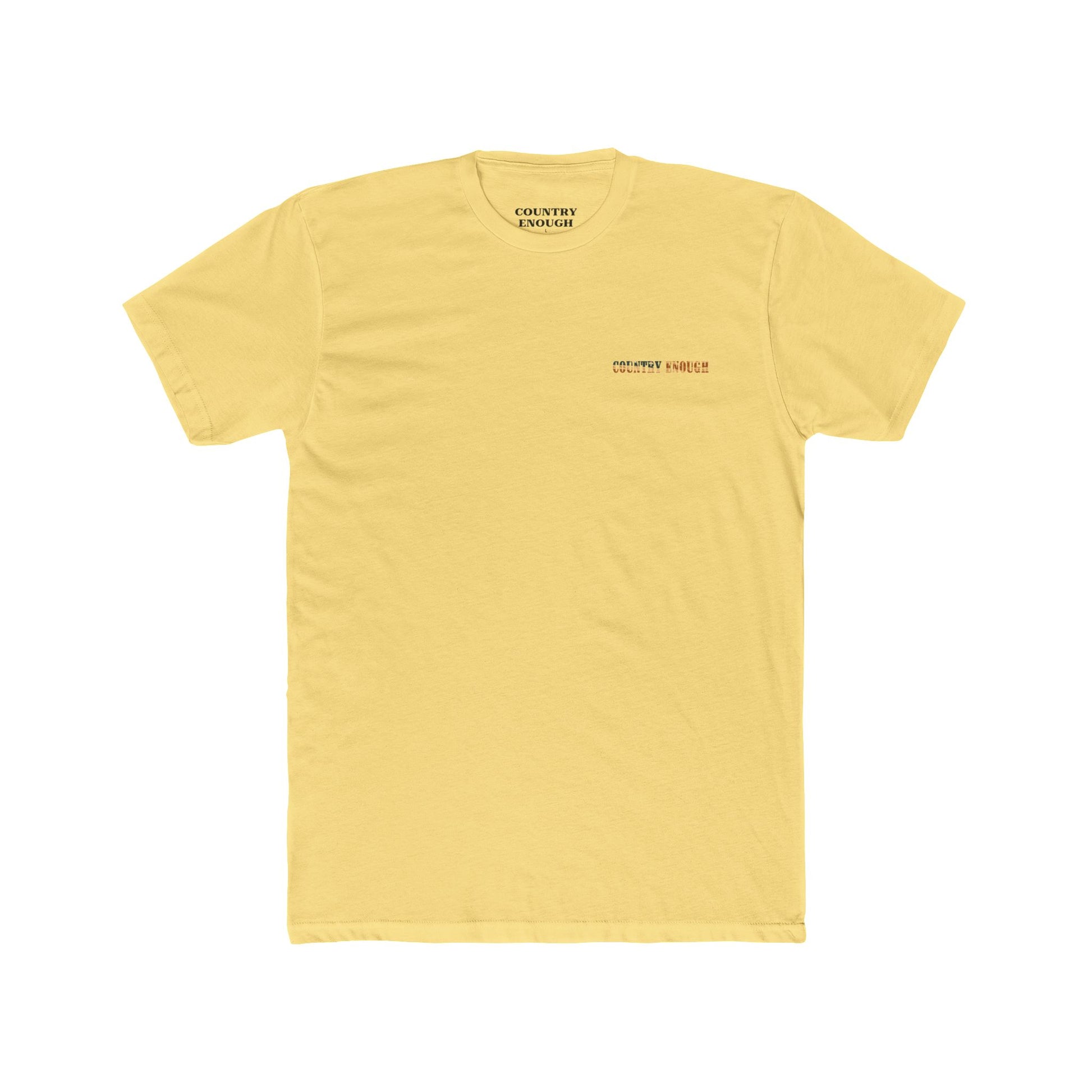 Yellow t-shirt with graphic of western horse and rider holding the American flag in the desert with cacti at sunset #yellow
