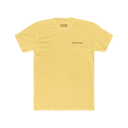 Yellow t-shirt with graphic of western horse and rider holding the American flag in the desert with cacti at sunset #yellow