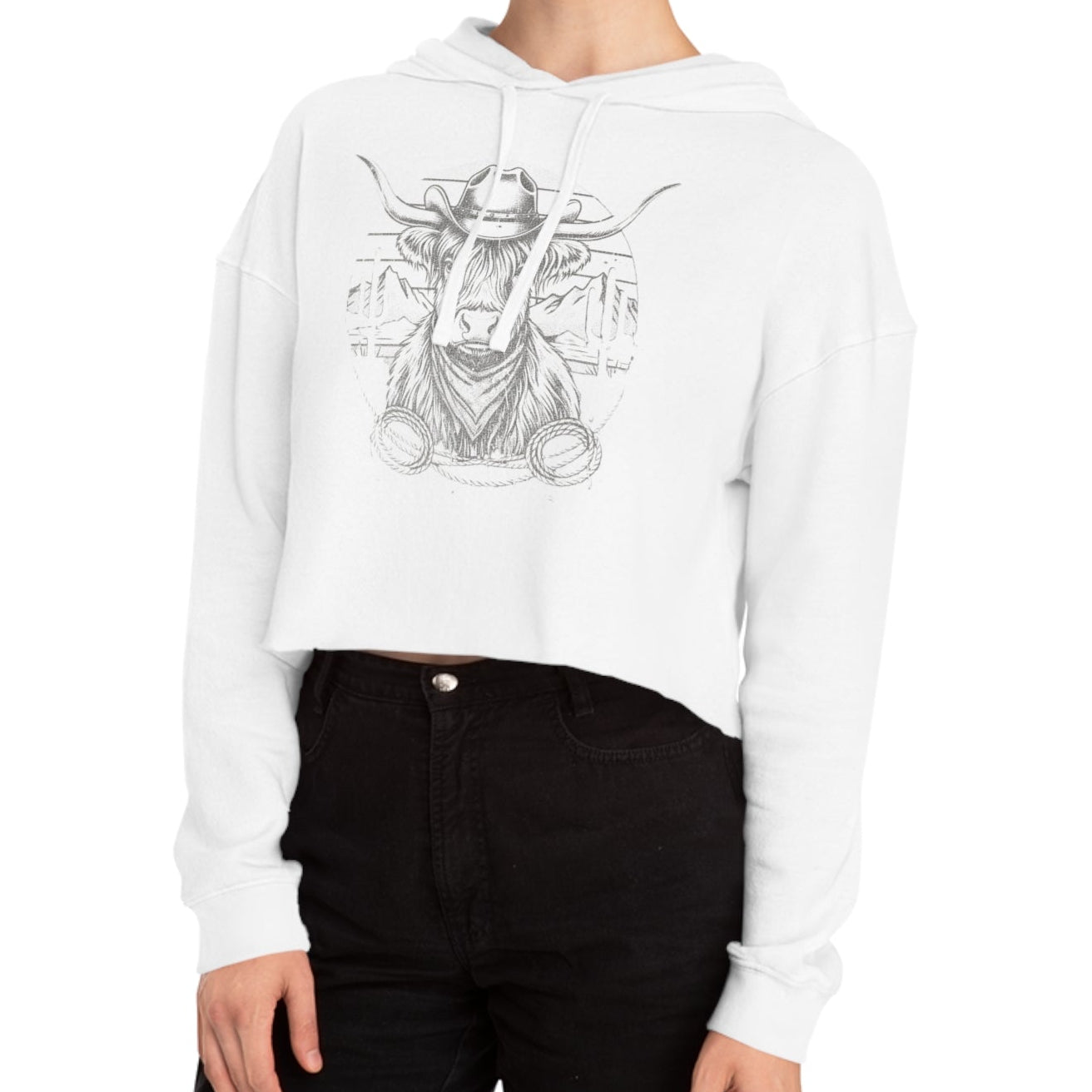 White hoodie with white highland cow and desert landscape graphic design on a white background #white