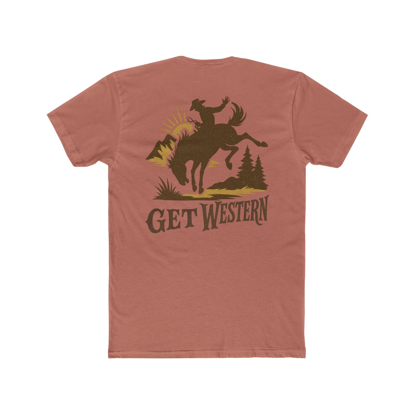 Desert pink t-shirt with graphic of bronc rider over mountains and sun with the words get western #desertpink