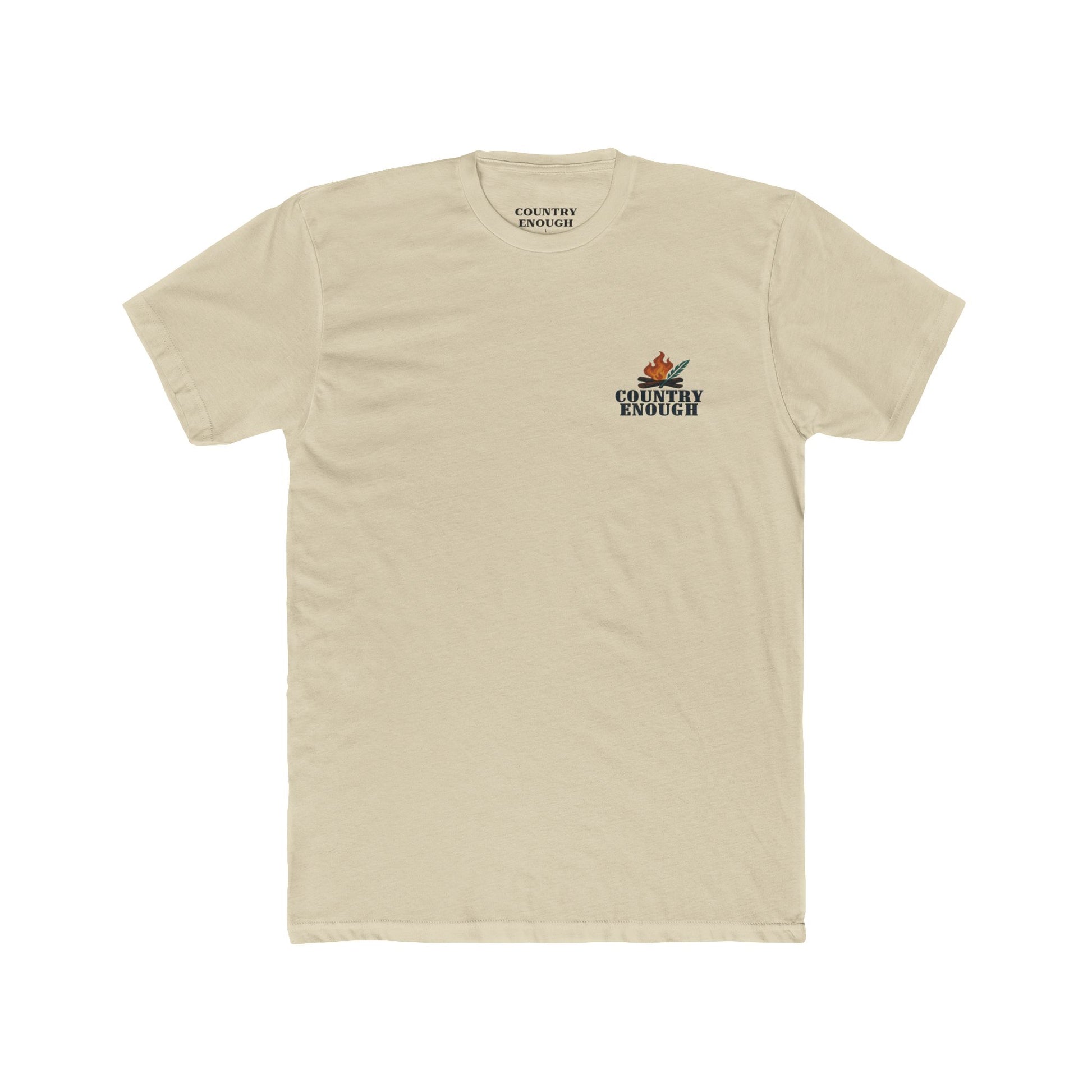 Cream t-shirt with graphic of clouds, lightning, bird, a campfire, cacti in a desert landscape #cream