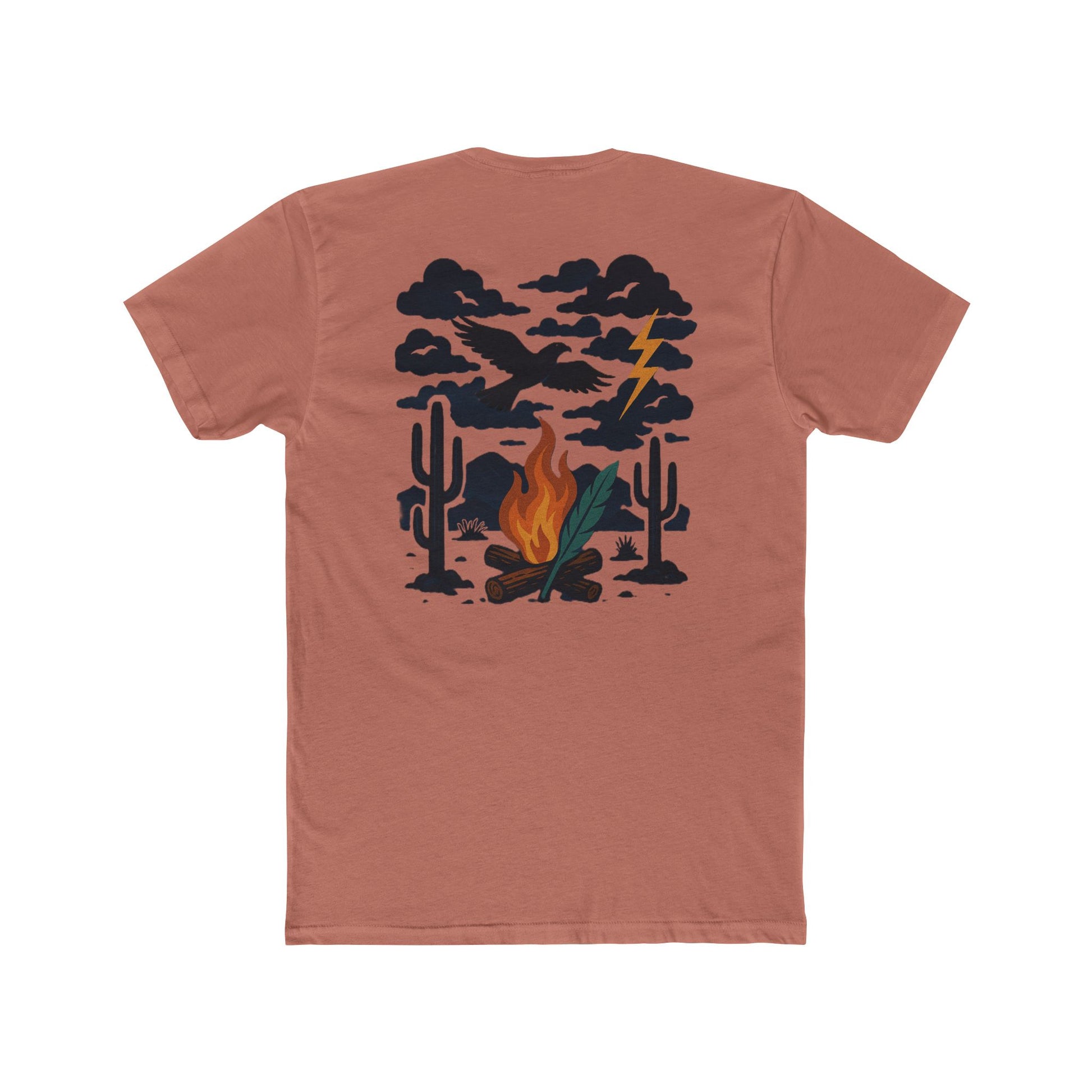 Desert Pink t-shirt with graphic of clouds, lightning, bird, a campfire, cacti in a desert landscape #desertpink