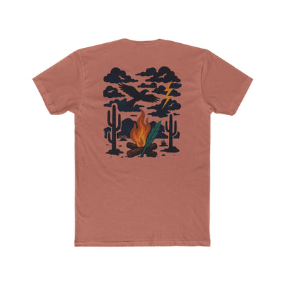 Desert Pink t-shirt with graphic of clouds, lightning, bird, a campfire, cacti in a desert landscape #desertpink