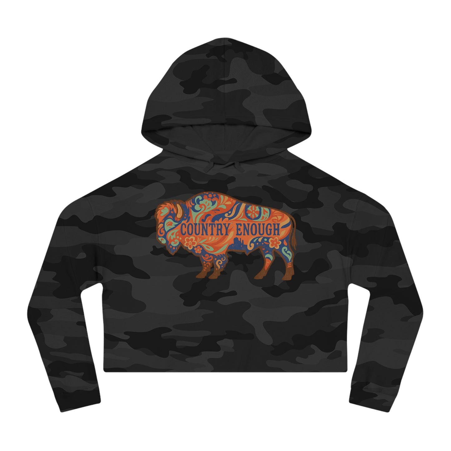 Black Camo crop hoodie with floral bison graphic and country enough text #blackcamo