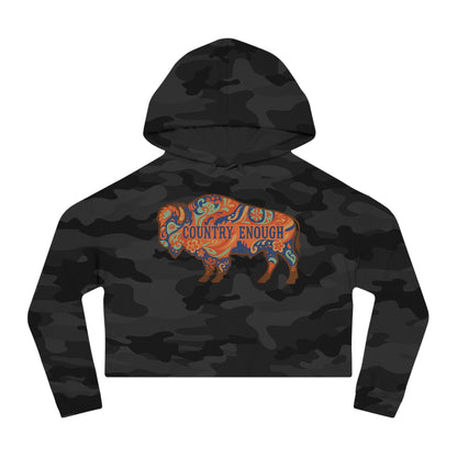Black Camo crop hoodie with floral bison graphic and country enough text #blackcamo