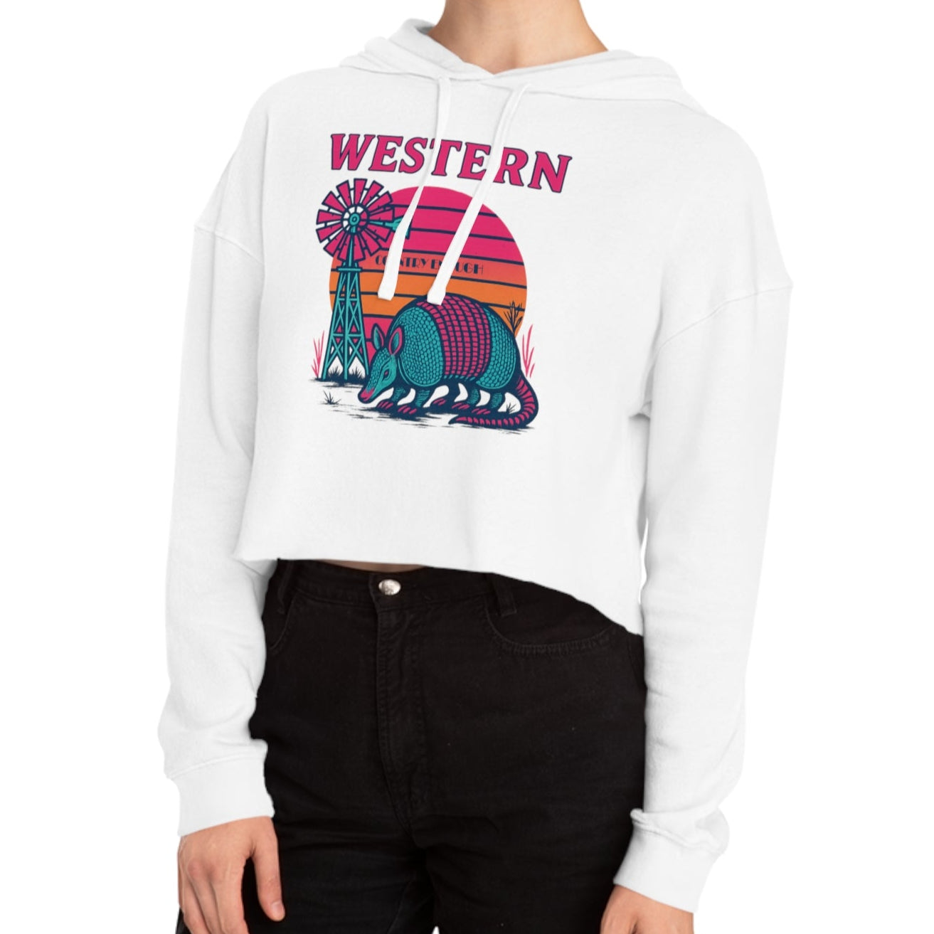 White crop hoodie with graphic featuring a sun, windmill, and armadillo. #white