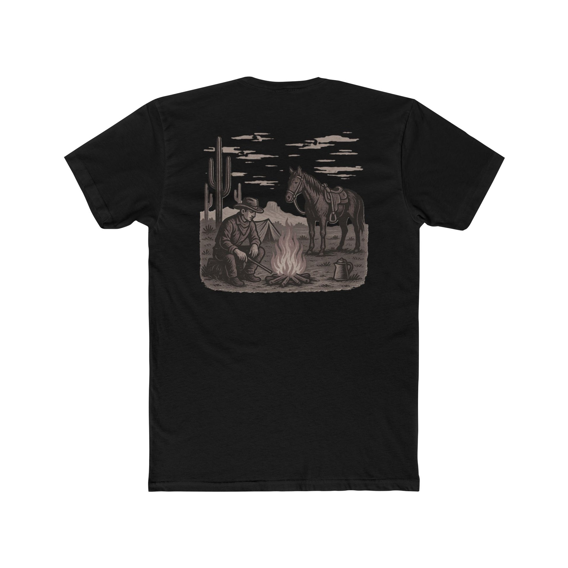 Black t-shirt with graphic of cowboy and horse sitting at a campfire in a desert landscape #black