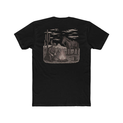 Black t-shirt with graphic of cowboy and horse sitting at a campfire in a desert landscape #black
