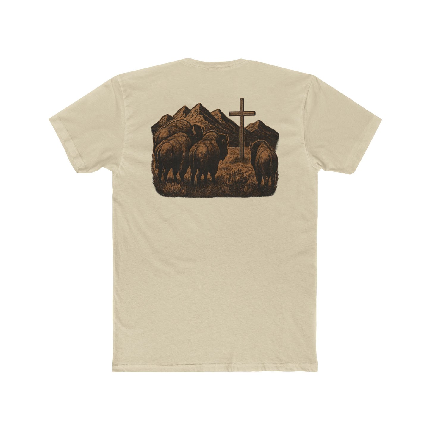 Cream t-shirt with bison staring at a cross on the plains by the mountains #cream