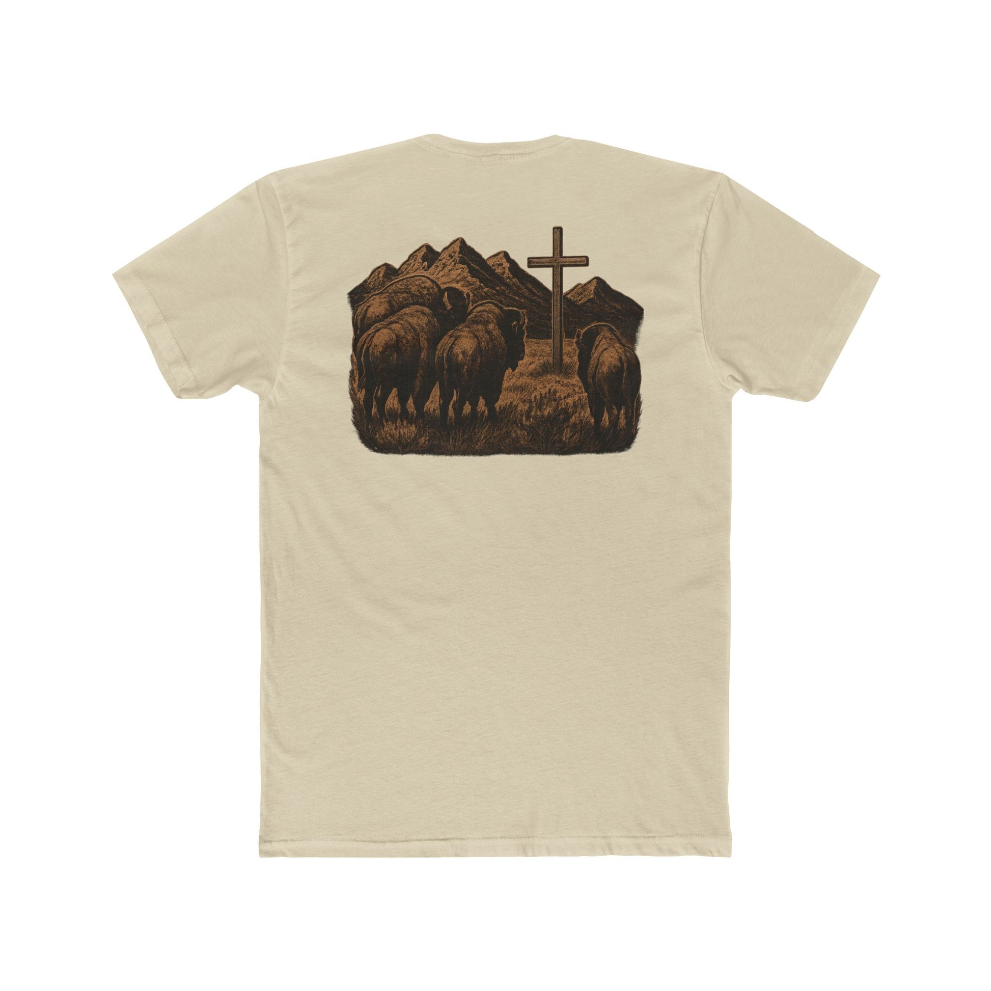 Cream t-shirt with bison staring at a cross on the plains by the mountains #cream