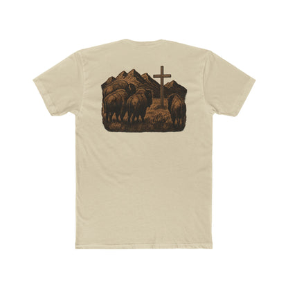 Cream t-shirt with bison staring at a cross on the plains by the mountains #cream