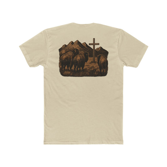 Cream t-shirt with bison staring at a cross on the plains by the mountains #cream