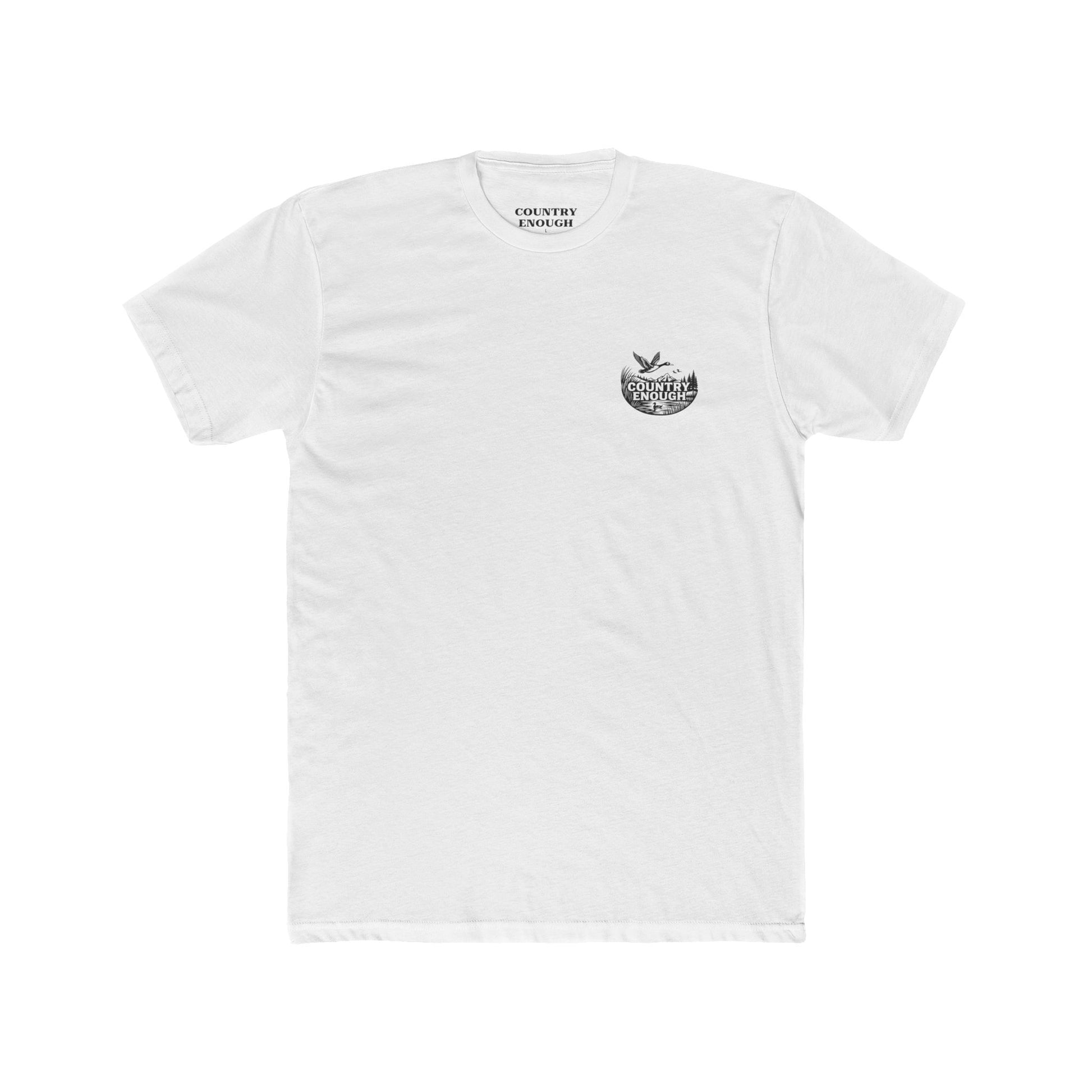 White t-shirt with graphic of a duck, mountains, pine trees, and a lake #white