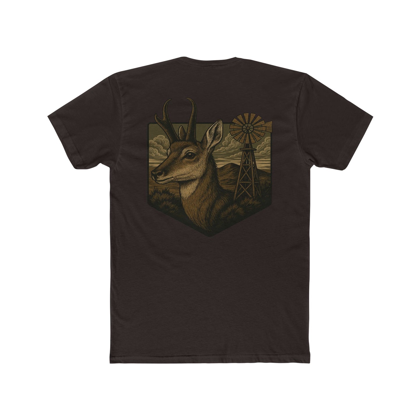 Dark Brown t-shirt with graphic of pronghorn and windmill over an open range #darkbrown