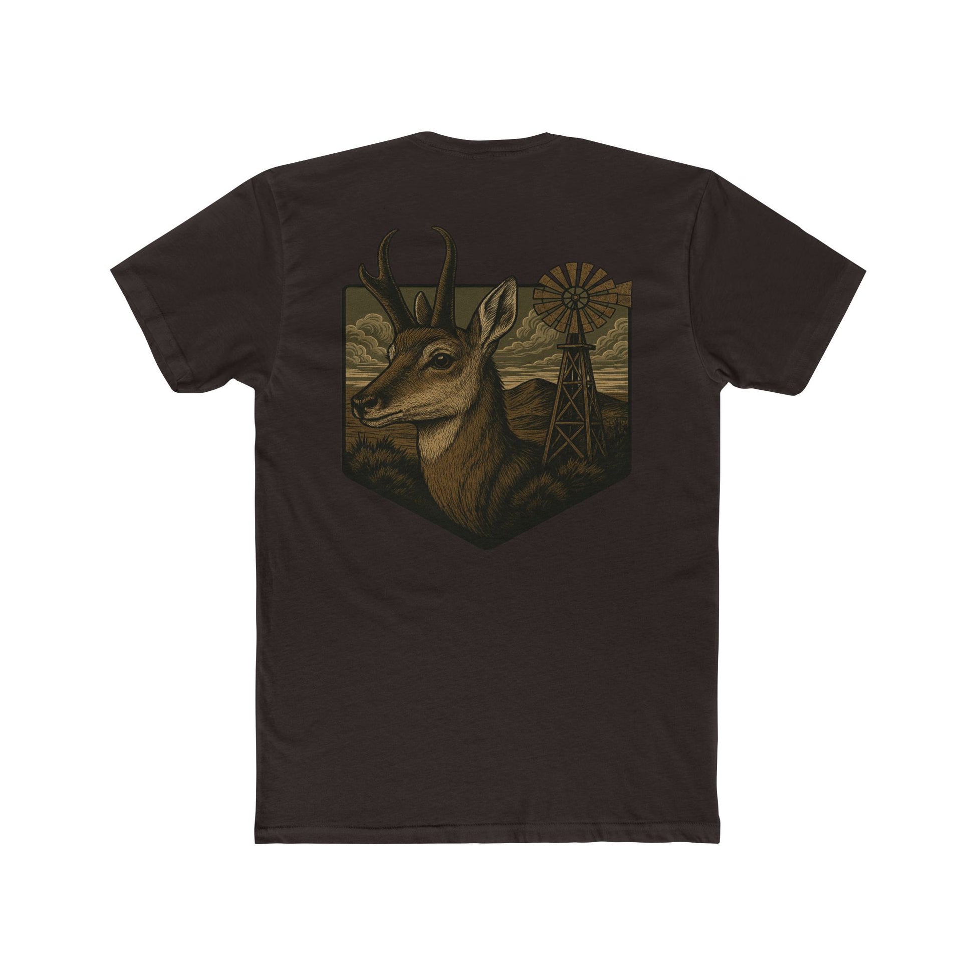 Dark Brown t-shirt with graphic of pronghorn and windmill over an open range #darkbrown