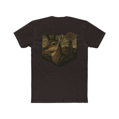 Dark Brown t-shirt with graphic of pronghorn and windmill over an open range #darkbrown