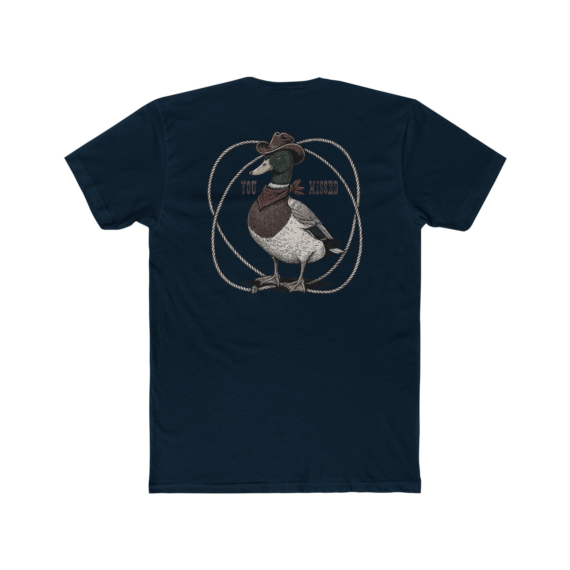 Midnight Navy t-shirt with a graphic of a duck wearing a cowboy hat and bandana with rope border and the words you missed #midnightnavy
