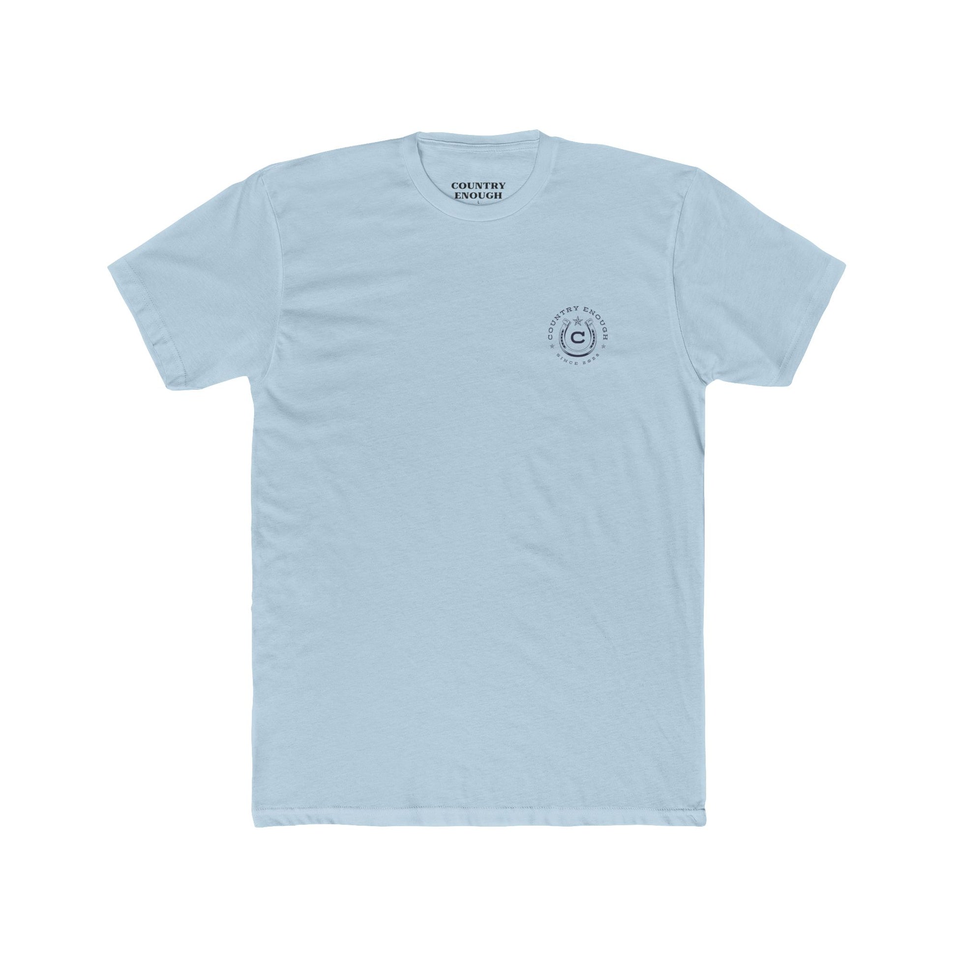 Light Blue t-shirt featuring horse rider, western landscape, and sun #lightblue