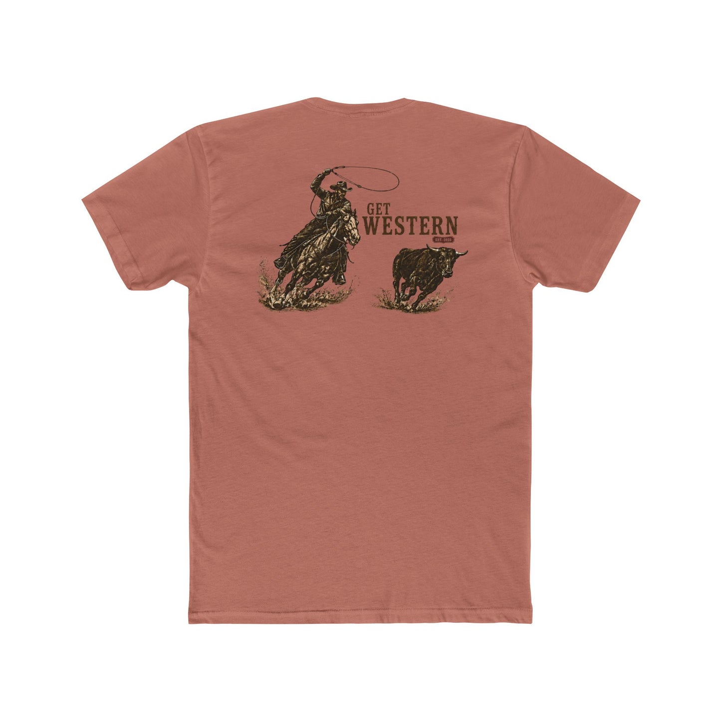 Men's T-shirt with graphic of a header cowboy roping a bull and words get western and est 2025 with CE logo #desertpink