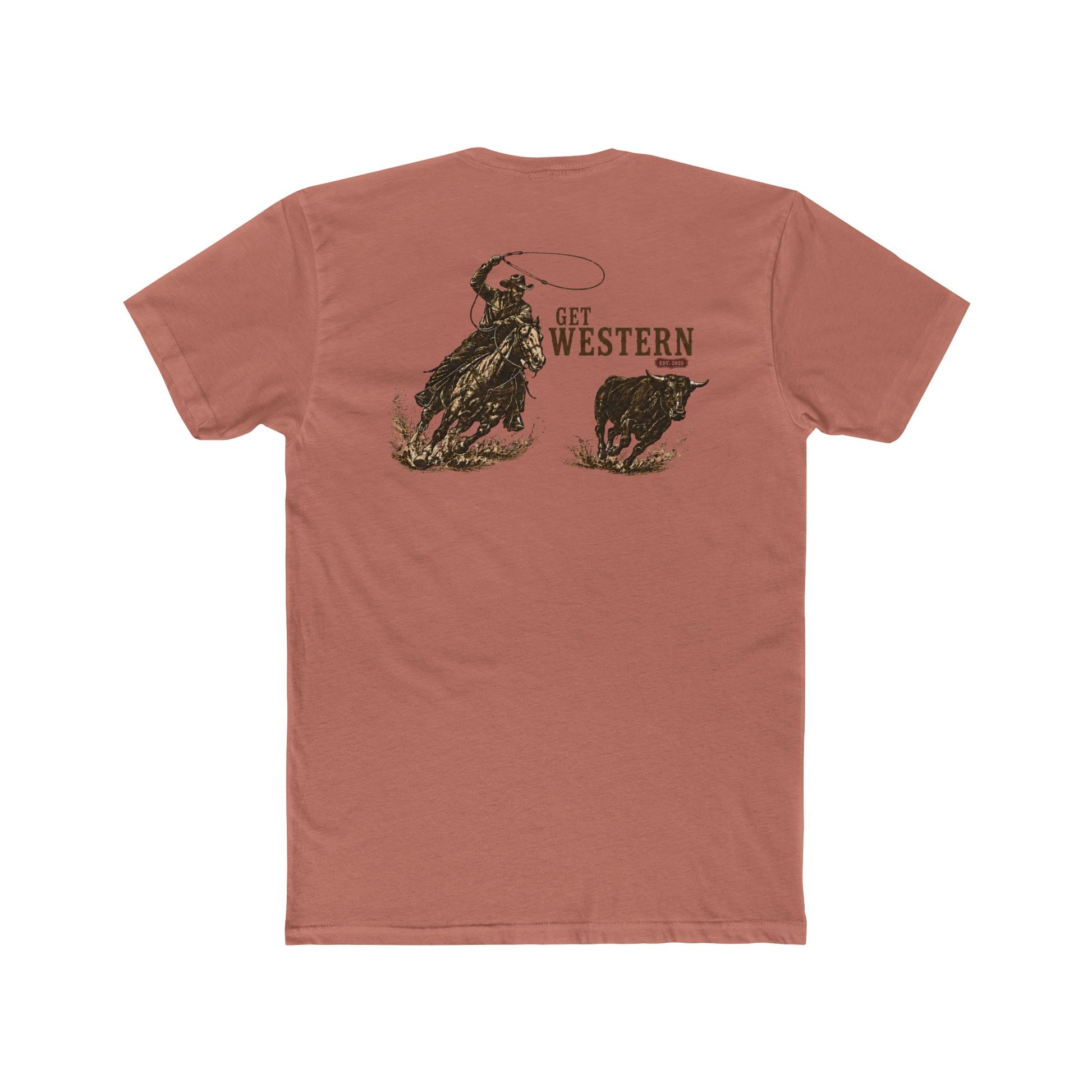 Men's T-shirt with graphic of a header cowboy roping a bull and words get western and est 2025 with CE logo #desertpink