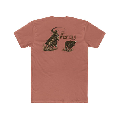 Men's T-shirt with graphic of a header cowboy roping a bull and words get western and est 2025 with CE logo #desertpink