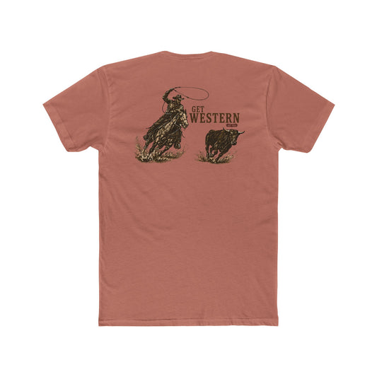 Men's T-shirt with graphic of a header cowboy roping a bull and words get western and est 2025 with CE logo #desertpink