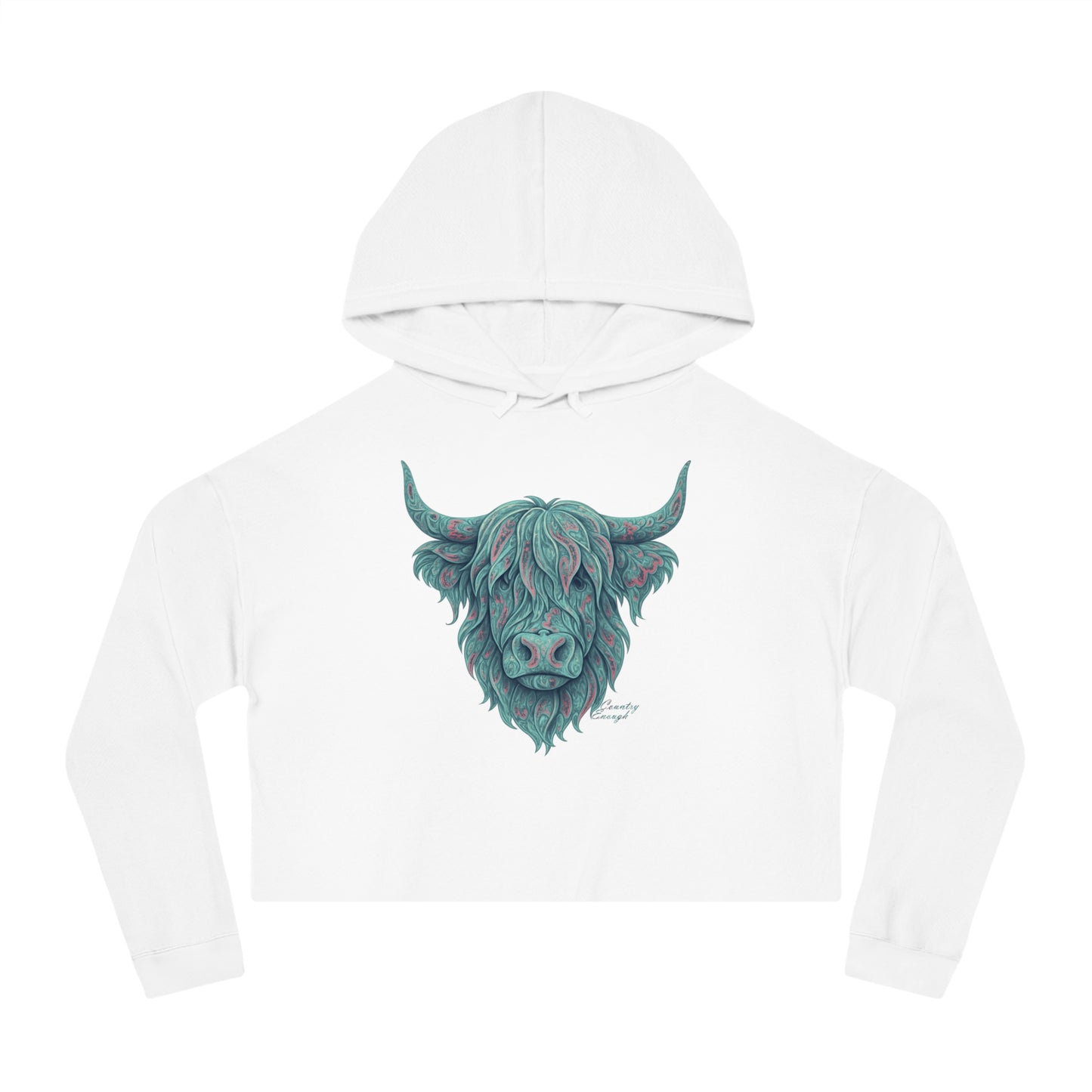 White crop hoodie with a vibrant Paisley Highland Cow graphic #white